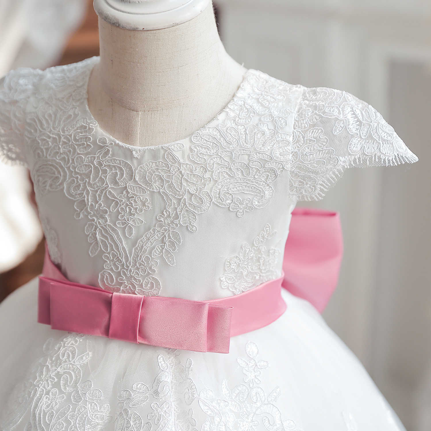 Girl's Dresses Baby Girl White Baptism Dress Infant 1st Birthday Pink Bow Tutu Gown Flower Girl Dress for Wedding Ceremony Summer Party Costume P