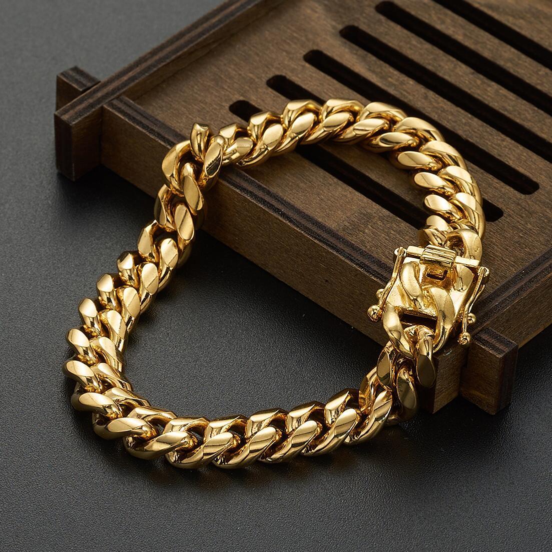 Charm Bracelets 81012141618mm Wide Gold Color 316L Stainless Steel Curb Cuban Link Chain Bracelet Bangle Jewelry 711inch for Men Women 230325