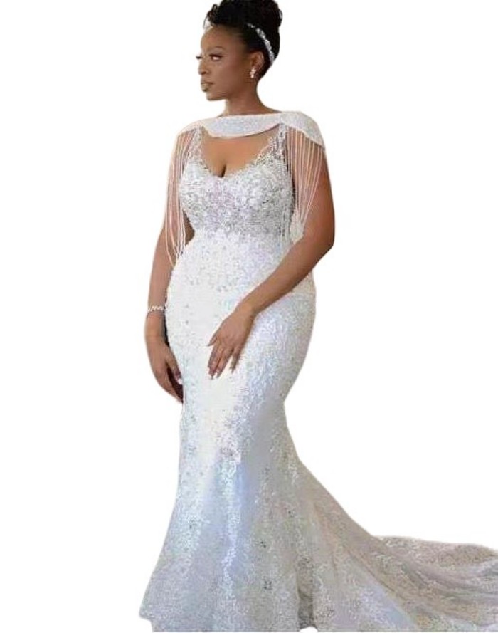 Beaded Tassels Mermaid Wedding Dresses Vintage Appliqued Lace Button Long Sleeves Tiered Ruffles Back Bride Gowns Vestidos Novia Robe De Mariage 403