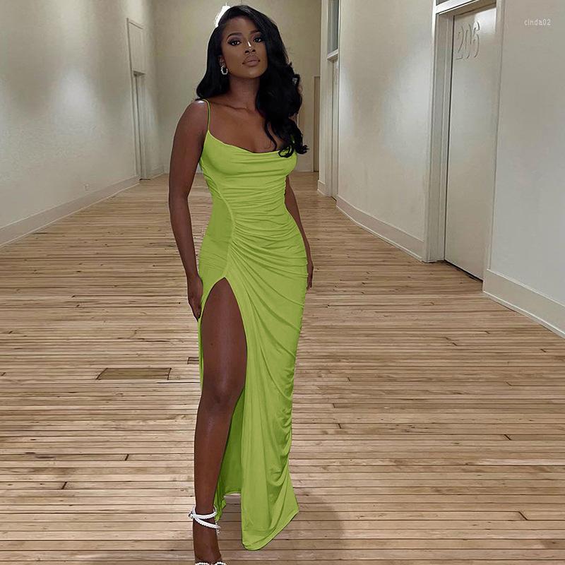 Party Dresses Long Club Dress Sexy Spaghetti Strap Sleeveless Maxi For Women Summer Draped Ruched High Slit
