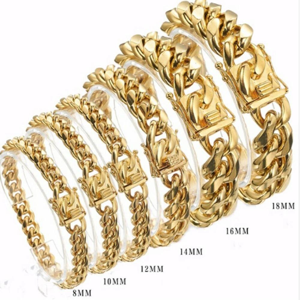 Charm Bracelets 81012141618mm Wide Gold Color 316L Stainless Steel Curb Cuban Link Chain Bracelet Bangle Jewelry 711inch for Men Women 230325