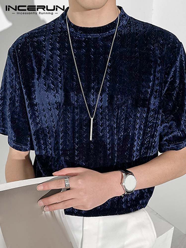 Men's T-Shirts INCERUN Men T Shirt Solid Color Round Neck Velour Folds Streetwear Short Sleeve Camisetas Fashion Casual Men Clothing 5XL 7 230327