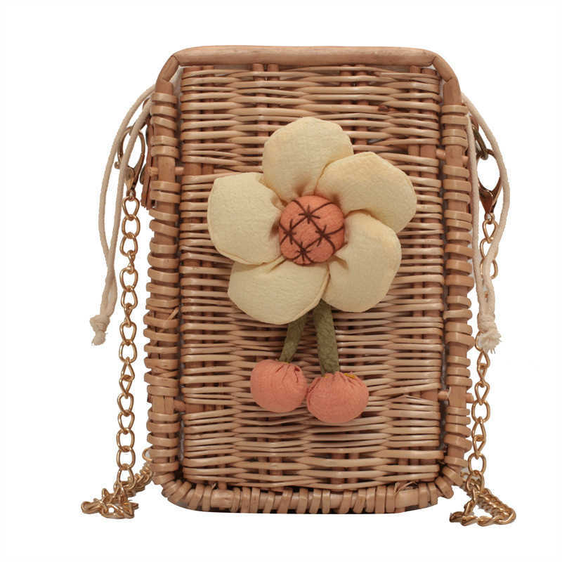 Beach Bags Summer Woven 2023 Sen Girls Fashion Splice Small Flower Westernized Ins One Shoulder Chain 230327
