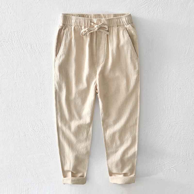 Men's Pants Autumn Spring Men Linen Pants Hemp Cotton Mixed Breathabe Drawstring Straight Casual Trouser in Thickened GB-L8223 230327