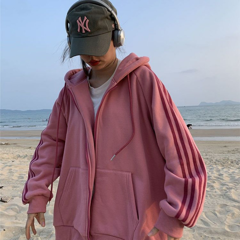 Womens Hoodies Sweatshirts HOUZHOU Vintage Oversized Casual Zip Up Harajuku Streetwear Women Striped Sweatshirt Winter Fleece Clothes for Teenagers 23