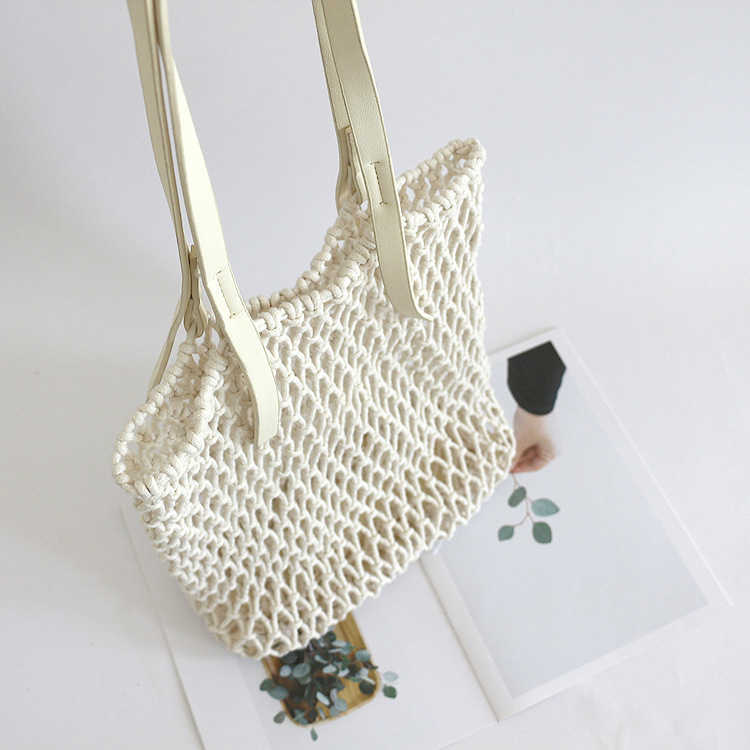CMM Beach Bags 2023 Summer Hollow Rectangular Pu Hand Cotton Rope Handwoven Series Holiday Straw Woven Net Women s Big 230327