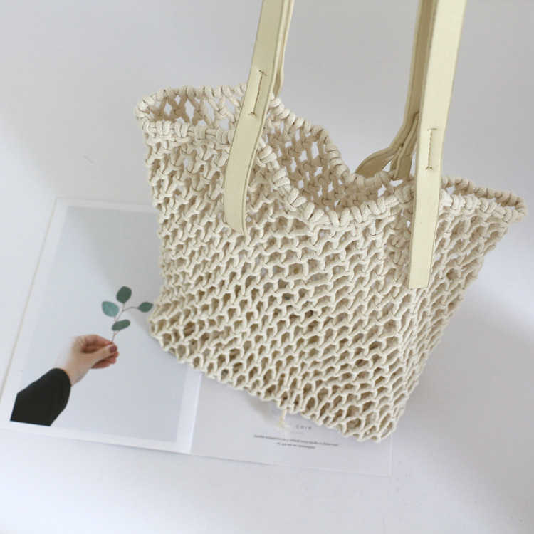 CMM Beach Bags 2023 Summer Hollow Rectangular Pu Hand Cotton Rope Handwoven Series Holiday Straw Woven Net Women s Big 230327