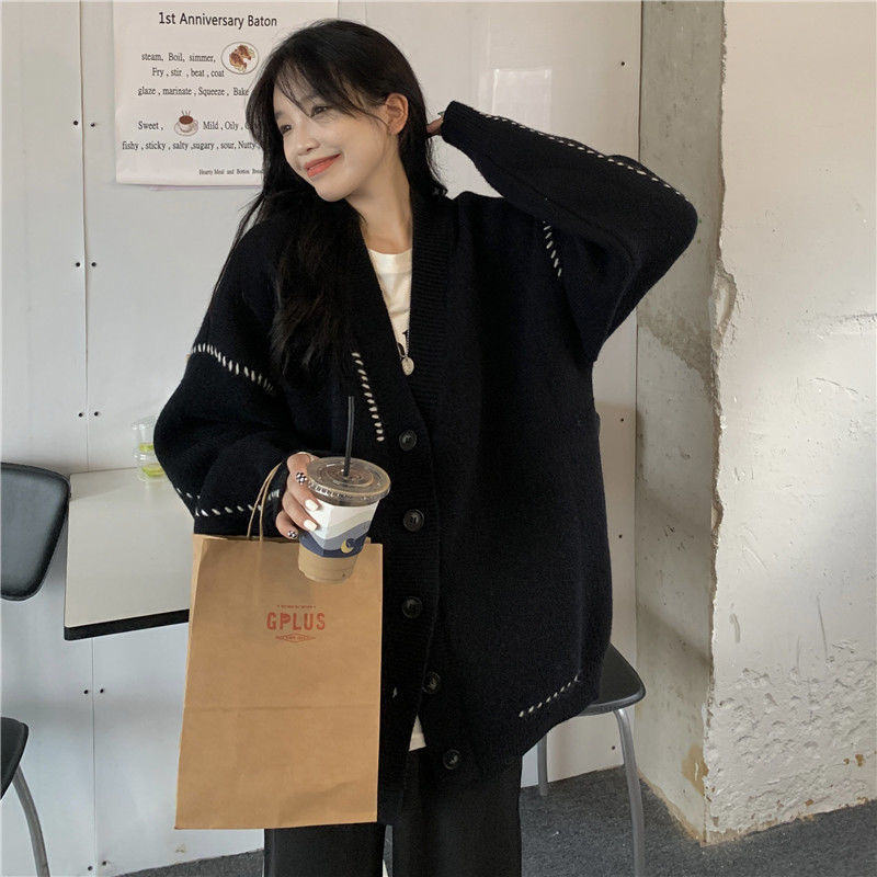 Women's Knits Tees Autumn Winter Lazy Style Vneck Knitted Sweater Cardigan Women Korean Version Loose Casual Allmatch Sweaters Coat Crop 230327