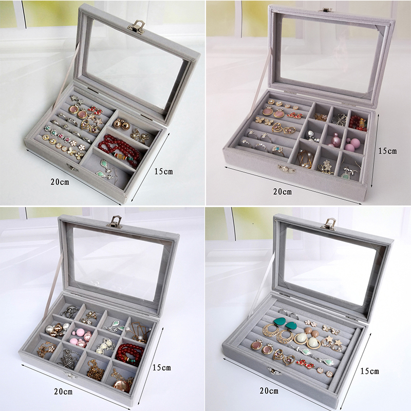Jewelry Boxes Velvet Glass Ring Earring Jewelry Display Organizer Box Tray Holder Storage Case 230325