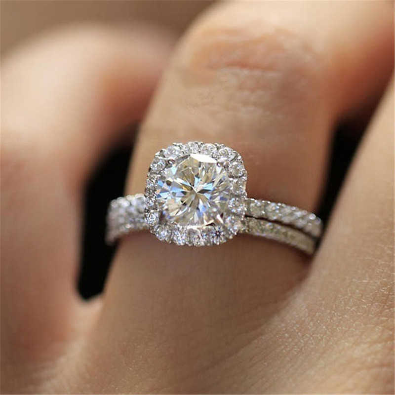 Band Rings Wedding Engagement Rings Set For Women Couple Square Silver Color Crystal Birde Marriage Zircon Ring Dazzling Trend Jewelry R531 Z0327
