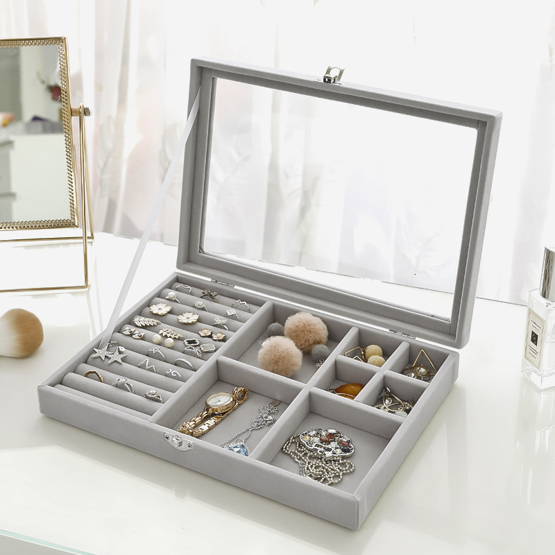 Jewelry Boxes Velvet Glass Ring Earring Jewelry Display Organizer Box Tray Holder Storage Case 230325
