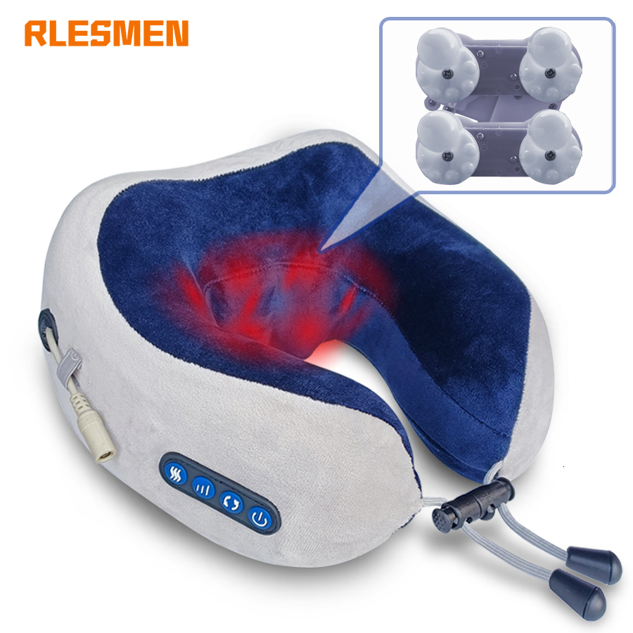 Massaging Neck Pillowws RLESMEN 4 Heads Travel Pillow Neck Massager Relaxation Heating Vibrator U-shaped Cervical Vertebra Electric Massage Health Car