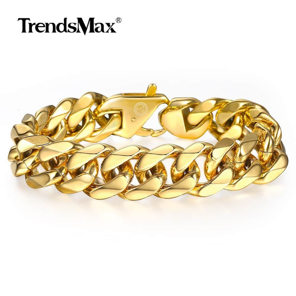 Charm Bracelets 316L Stainless Steel Cuban Curb Bracelet for Men Boy 15mm Heavy Chain Link Bracelet Gold Color Drop Jewelry 79 HB506 230325
