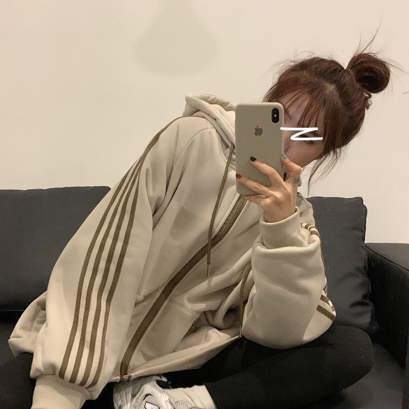 Womens Hoodies Sweatshirts HOUZHOU Vintage Oversized Casual Zip Up Harajuku Streetwear Women Striped Sweatshirt Winter Fleece Clothes for Teenagers 23