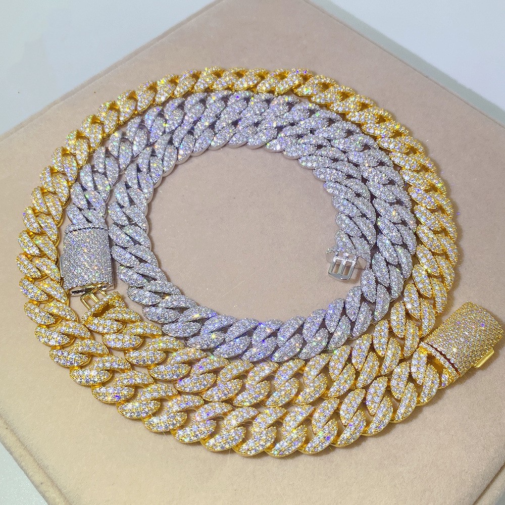 Fashion Maissanite Chains 12mm 18-24inch Sterg Sier Passed Test Moissanite Dia Cuban Chain Necklace Bracelet For Women/Men Nice Gift