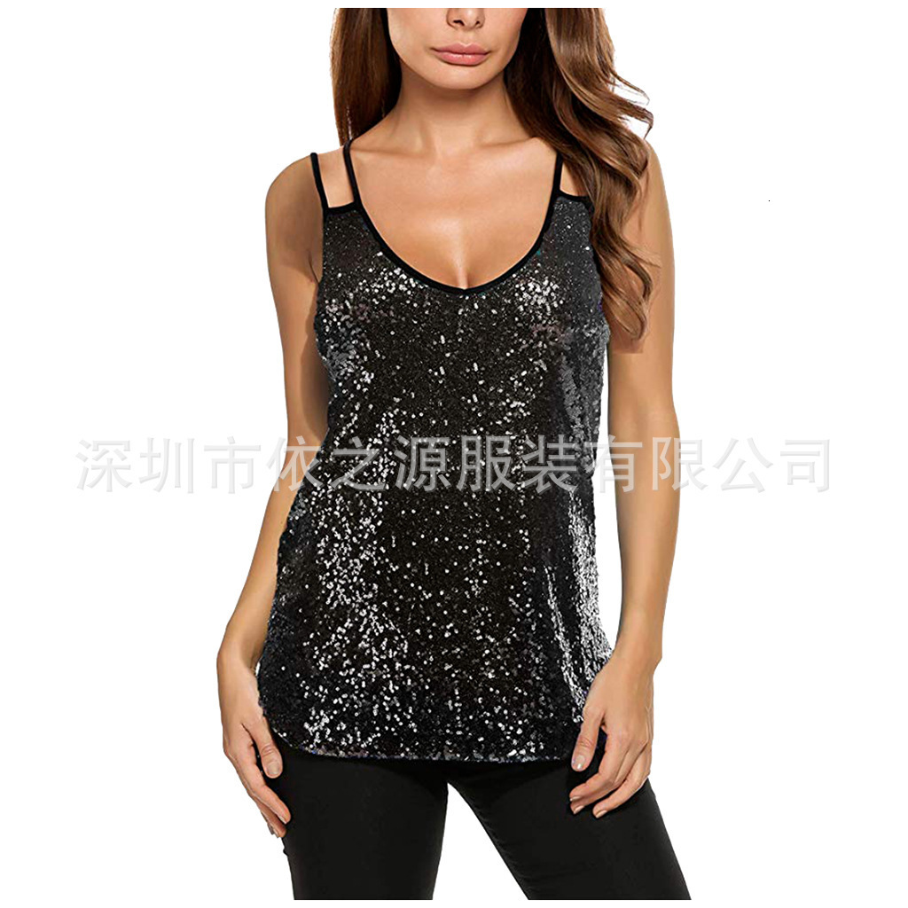 Camisoles Tanks Sexy Sequin Vest Top Women V Neck Sleeveless Solid Spaghetti Straps Tank Tops Shiny Clubwear Girls Tshirts Summer Vest Female 230327