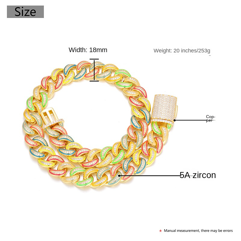 18mm Hip Hop Luminous Cuban Chain Necklace Bracelet Jewelry Set Colorful 18K Real Gold Plated for Men