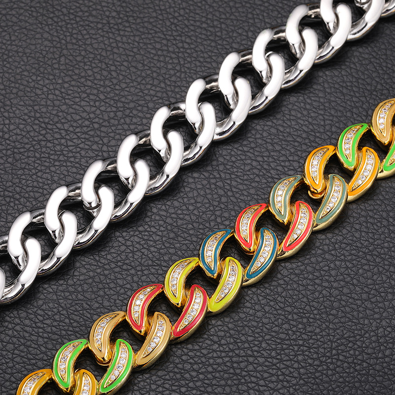 18mm Hip Hop Luminous Cuban Chain Necklace Bracelet Jewelry Set Colorful 18K Real Gold Plated for Men