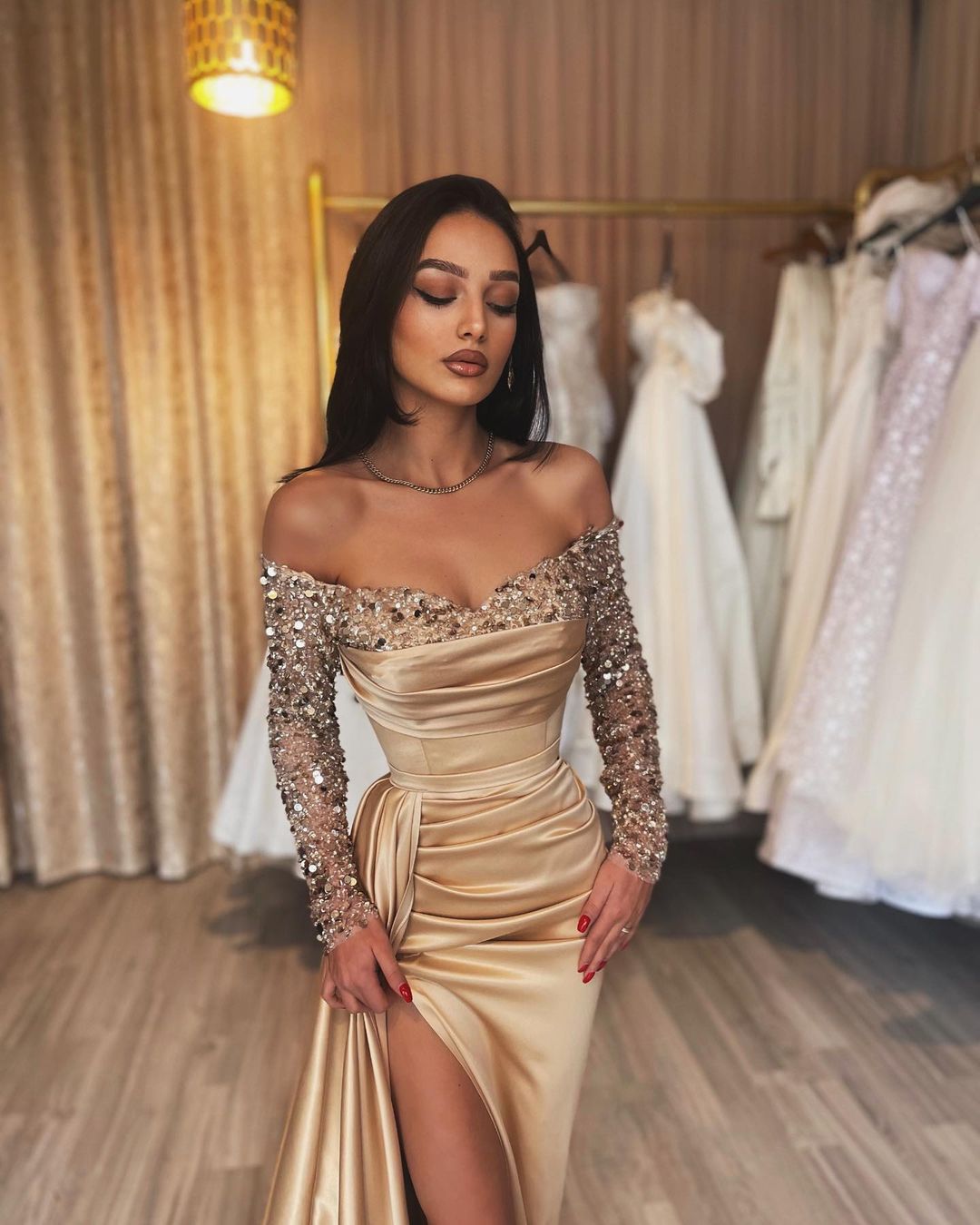 Off shoulder prom dresses long sleeves high split sequins party dress sweep train elegant evening gown