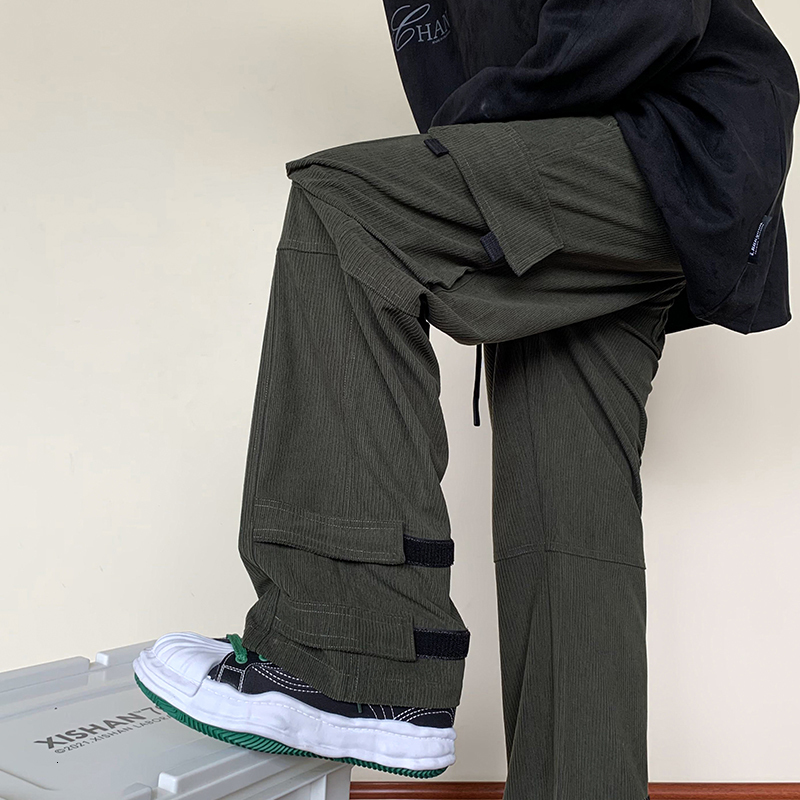Men's Pants Autumn Winter Men's Parachute Cargo Pants Corduroy Casual Long Trousers Multi-pockets Military Fashion Oversize Pants Black 2303