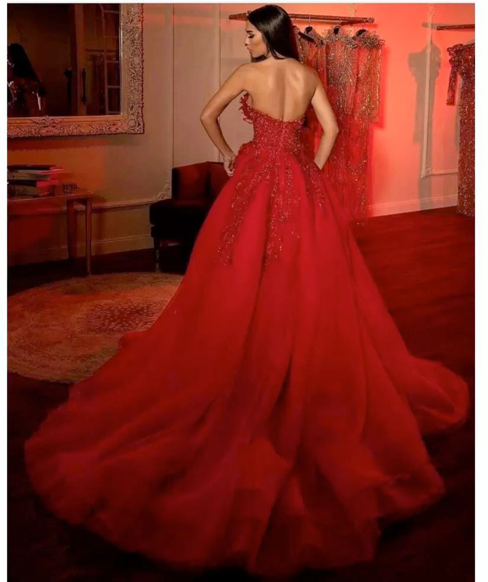 Prom Party Gown A Line Evening Dresses Strapless Floor-Length Sweep Train Beaded Applique Crystal Tulle Red long Thigh-High Slits Backless
