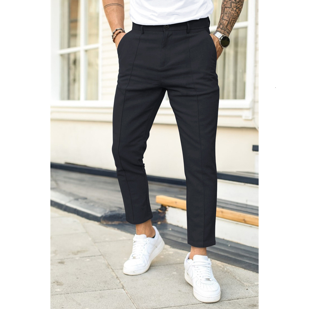 Men's Pants Men's Business Casual Pencil Pants Loose Suit Pants Men Solid Pleated Wash Wear Dress Trousers Double Fold Line Slim Fit Trouser
