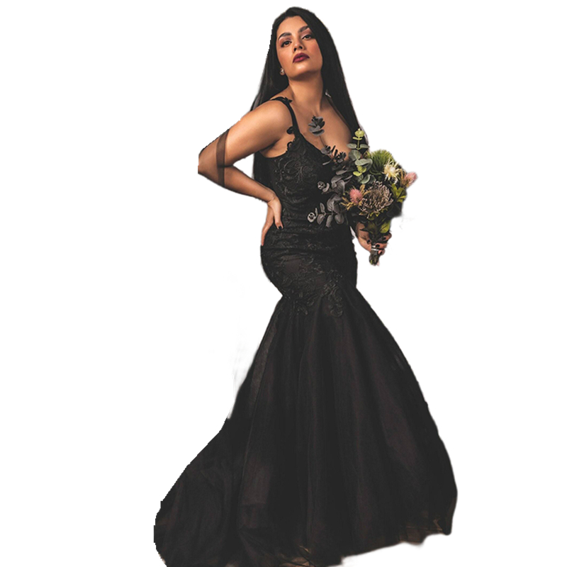 Spaghetti Black Gothic Mermaid Wedding Dresses Sweep Train Lace Appliques V-Neck Sleeveless Summer Beach Country Bridal Gowns 2023 Vintage Vestido