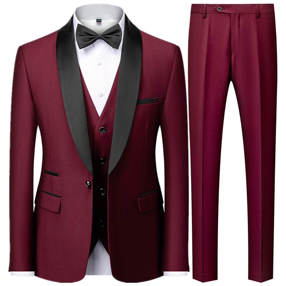 Men's Suits Blazers 3 Pieces Set Men's Business Blazers Coat / Male Slim Fit Color Matching Collar Suit Tuxedo Leisure Jacket Pants Vest Wed