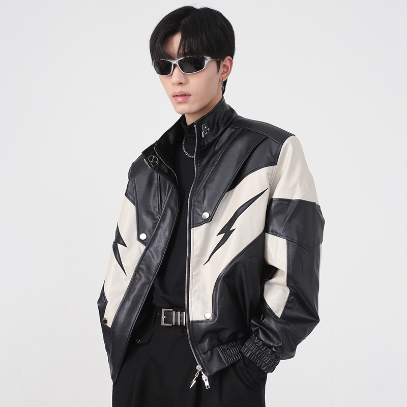 Mens Jackets IEFB Jacket Wear Autumn Winter High Stand Collar Shoulder Padded PU Leather Coat Contrast Color Fashion 230327