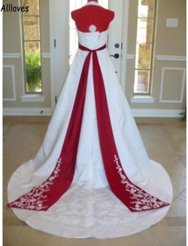 and African Red White A Line Wedding Dresses Halter Elegant Satin Lace Embellishment Plus Size Maternity Bridal Gowns for Women Corset Back Vestidos D