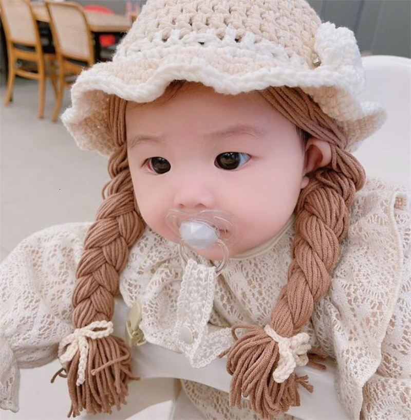 Caps Hats Cute Flower Baby Girl Bucket Hat Hair Pigtail Braid Wig Cap Winter Warm Knitted Children Kids Girls Hats and Caps Accessories 230328