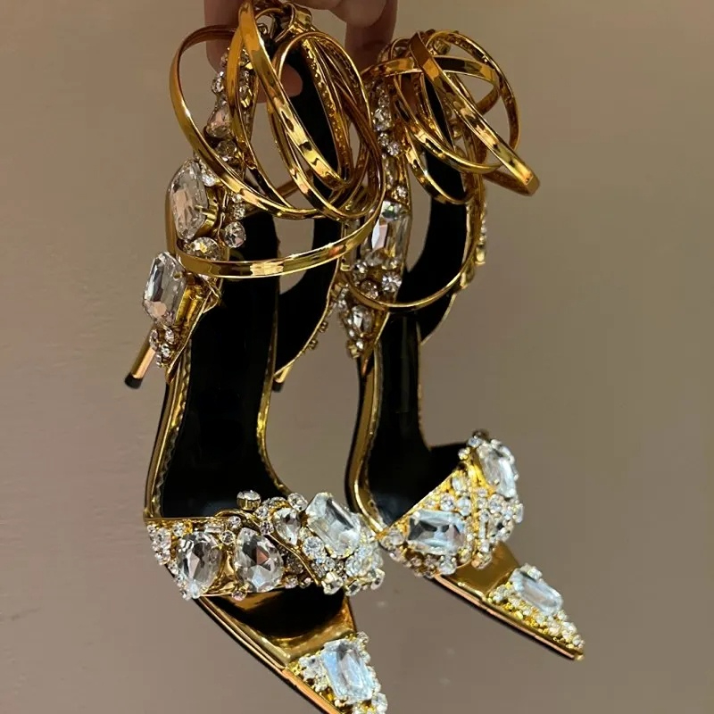 Metallic Crystal embellished Ankle-Tie Sandals heeled stiletto Heels for women Party Evening shoes open toe Calf Mirror leather luxury designers factory footwear, As pic
Metallic Crystal embellished Ankle-Tie Sandals heeled stiletto Heels for women Party Evening shoes open toe Calf Mirror leather luxury designers factory footwear, As pic