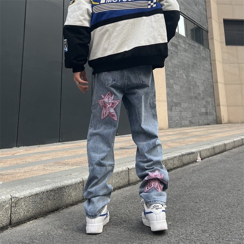 Mens Jeans American street print alphabet star jeans men and women hiphop high spring autumn loose straight drag casual pants 230327