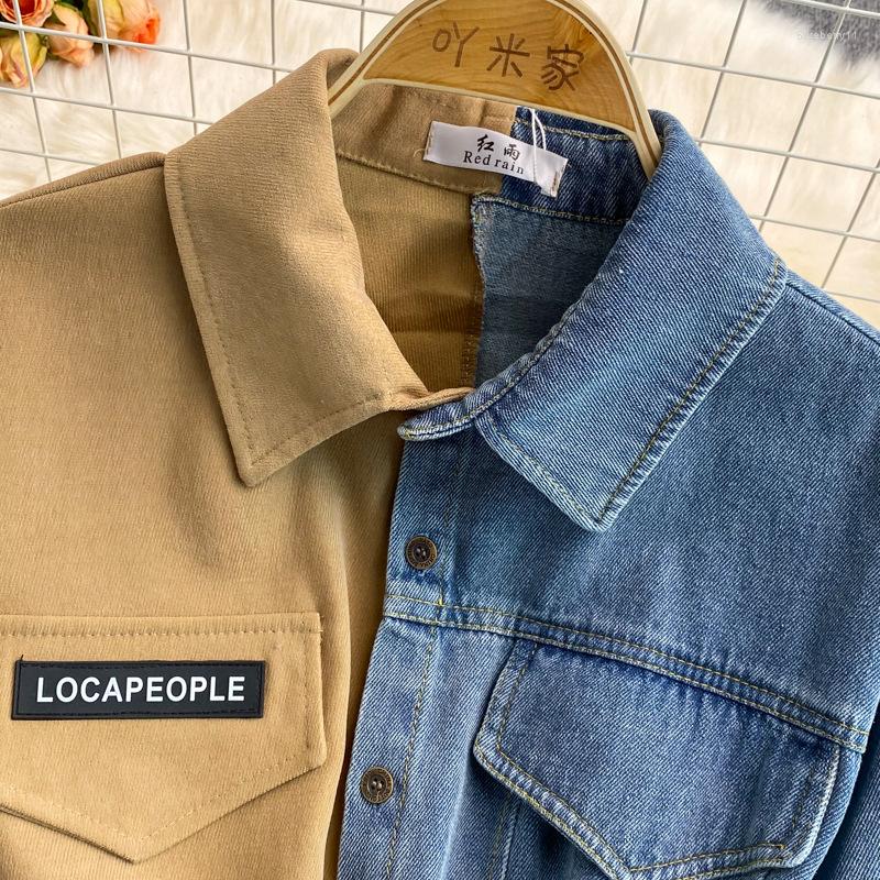 Women's Retro Denim Shirt Dress Long Sleeve Corduroy Lapel Waist Slim Irregular Autumn Chic Casual Mid-Length