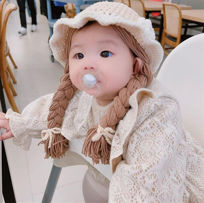 Caps Hats Cute Flower Baby Girl Bucket Hat Hair Pigtail Braid Wig Cap Winter Warm Knitted Children Kids Girls Hats and Caps Accessories 230328