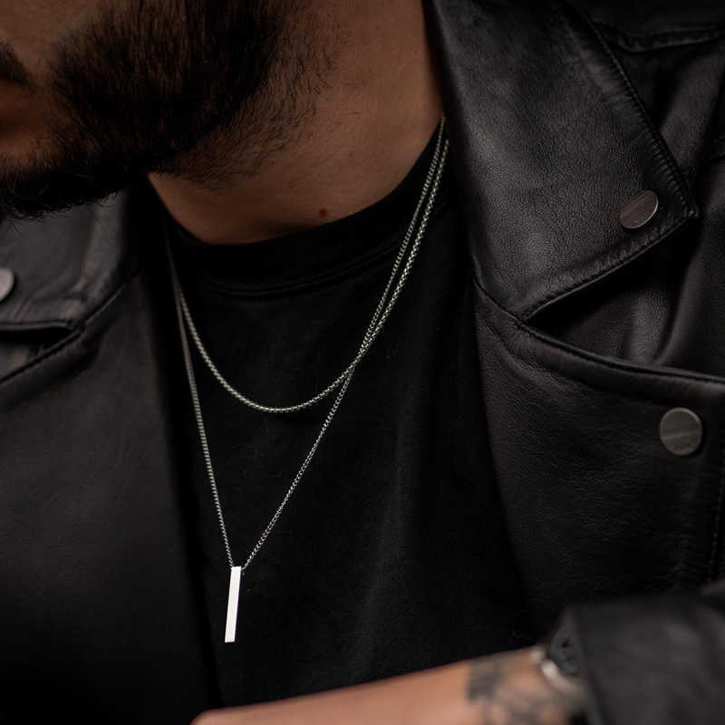 Pendant Necklaces Vnox 3D Vertical Bar Necklaces for Men Layering Stainless Steel Geometric Pendant Layered Wheat Rope Cuban Chain Boy Collar P230327 - view 3