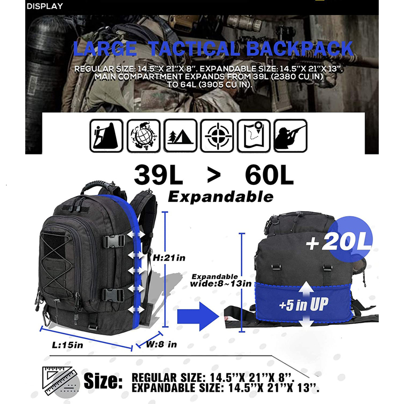 School Bags Large 60L Tactical Backpack for Men Women Outdoor Water Resistant Hiking s Travel Laptop s 230328