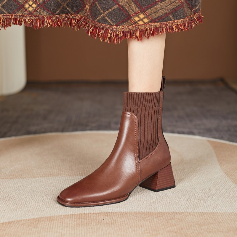 Boots Office Ladies Casual Women Ankle Boots Autumn Winter Concise Genuine Leather Knitting Thick High Heels Basic Shoes 230327