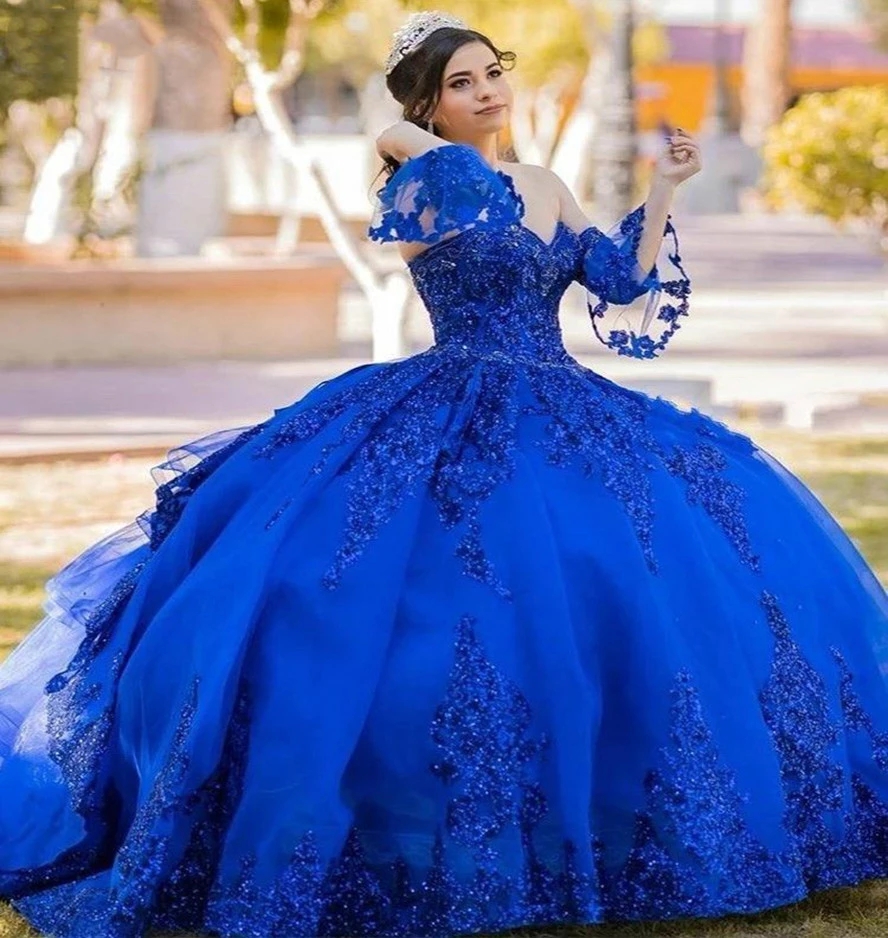Royal Blue Princess Quinceanera Dresses Ruffles Tiered Tulle Prom Party Gowns Glitter Sequin Lace Appliqued Long Sleeves Sweetheart Neck Sweet 15 Vest