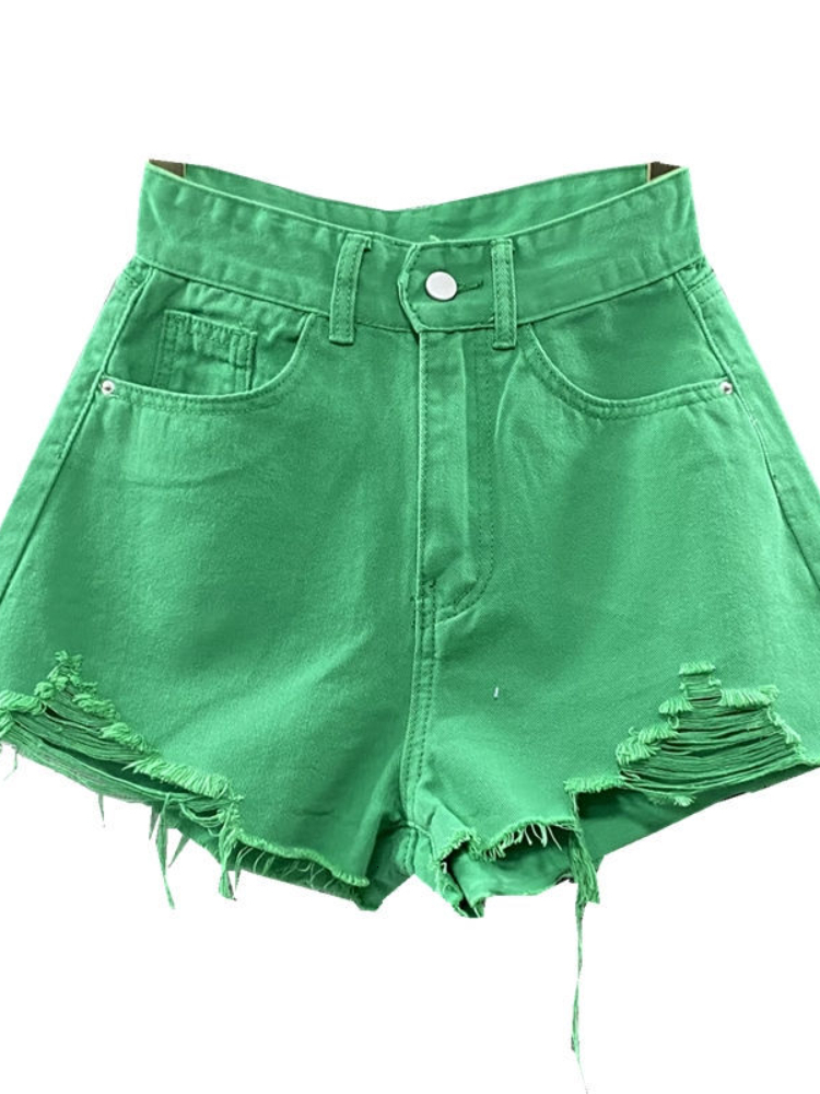 Women's Shorts Women's denim shorts High waisted casual solid zipper flying fashion shorts Loose sexy green A-shaped pants summer 230412