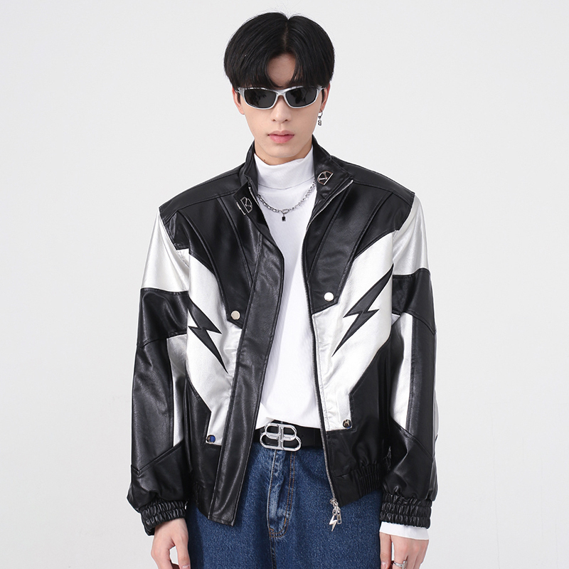 Mens Jackets IEFB Jacket Wear Autumn Winter High Stand Collar Shoulder Padded PU Leather Coat Contrast Color Fashion 230327