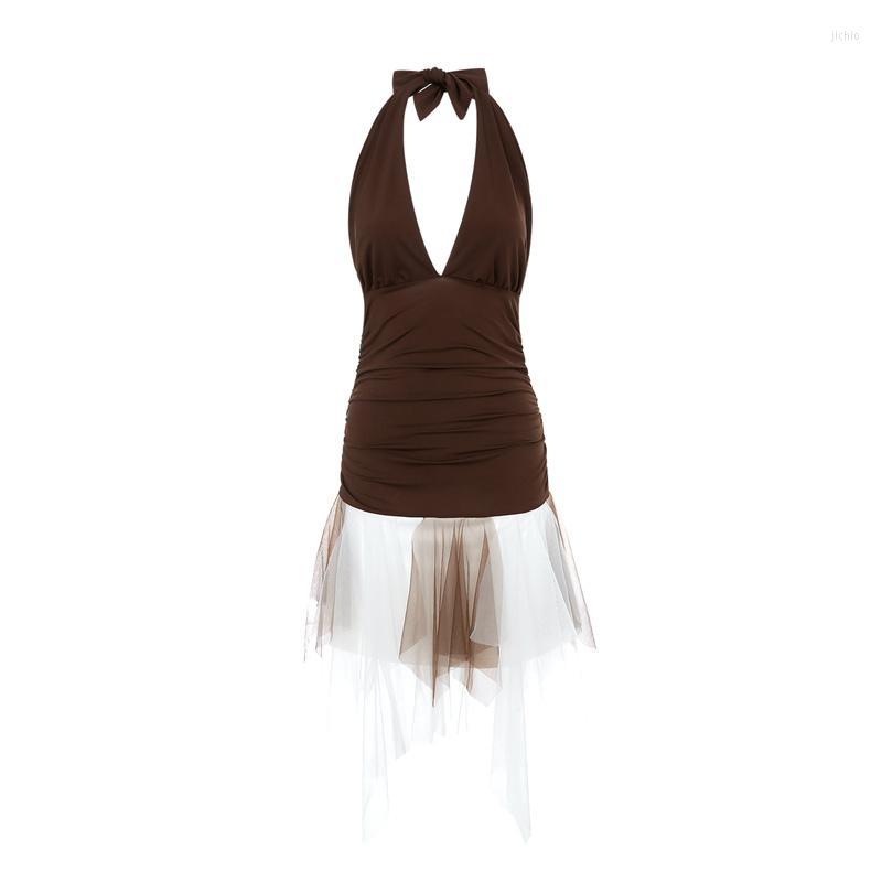 Casual Dresses Womens Fashion Sleeveless Backless Deep V Neck Mesh Hanky Hem Cocktail Dress Solid Color Halter Mini Party Club