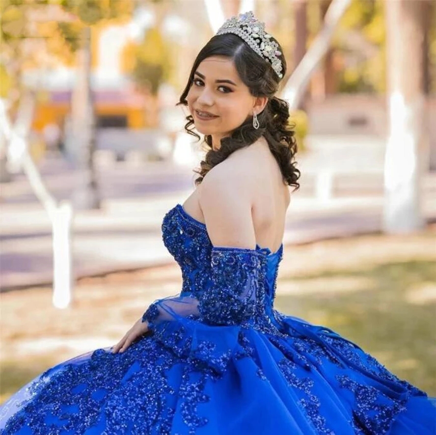 Royal Blue Princess Quinceanera Dresses Ruffles Tiered Tulle Prom Party Gowns Glitter Sequin Lace Appliqued Long Sleeves Sweetheart Neck Sweet 15 Vest