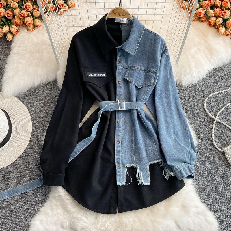 Women's Retro Denim Shirt Dress Long Sleeve Corduroy Lapel Waist Slim Irregular Autumn Chic Casual Mid-Length