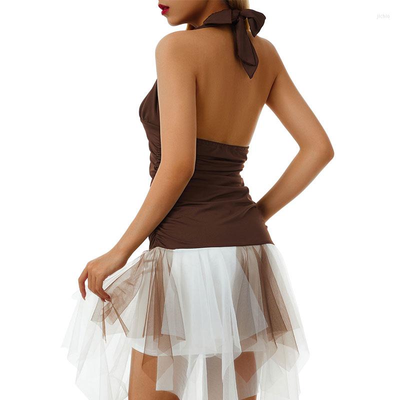 Casual Dresses Womens Fashion Sleeveless Backless Deep V Neck Mesh Hanky Hem Cocktail Dress Solid Color Halter Mini Party Club