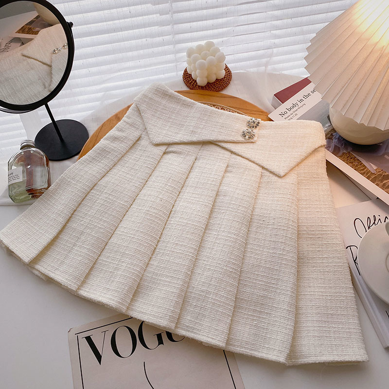 Skirts Ashgaily High Waist tweed Women's Skiing Diamond Button Pleated Skiing tweed Wool Mini Skiing Autumn 230404