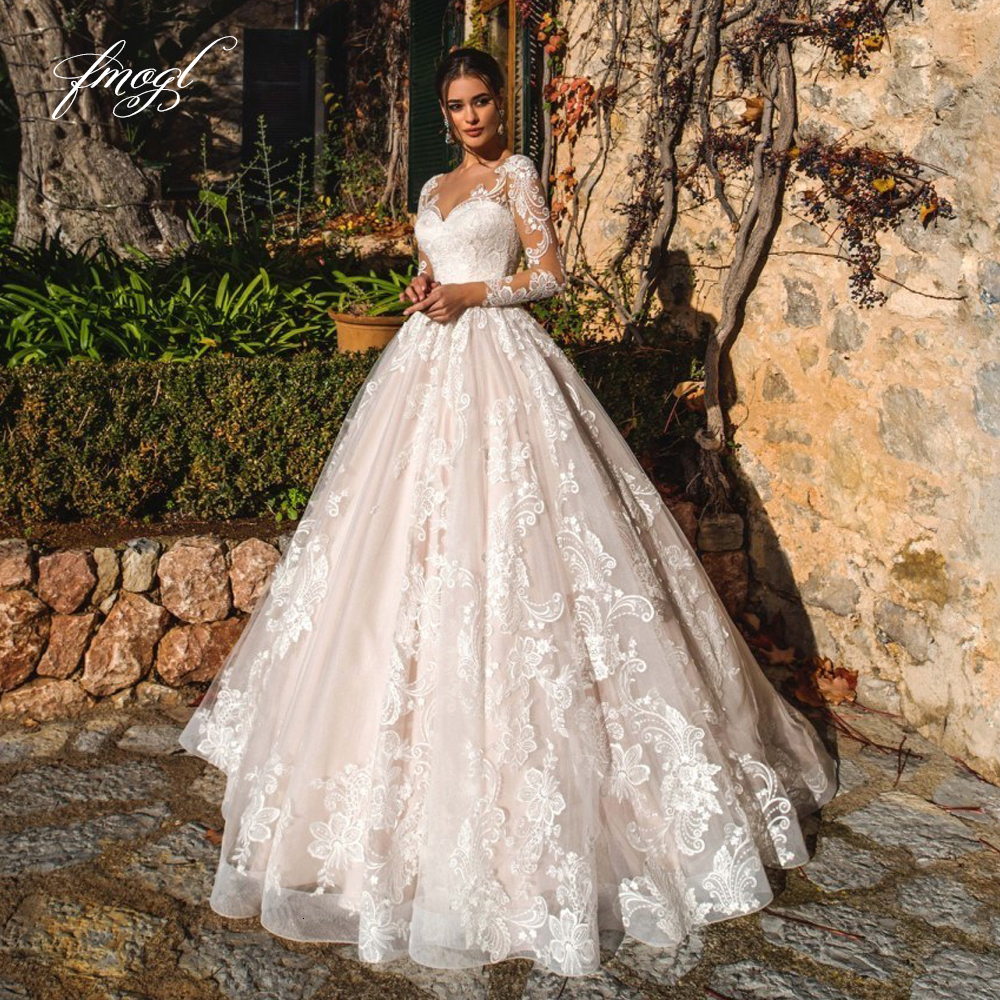 Party Dresses Fmogl Sexy Illusion Long Sleeve Vintage Wedding Scoop Neck Appliques Court Train Tulle A Line Bridal Gown 230328