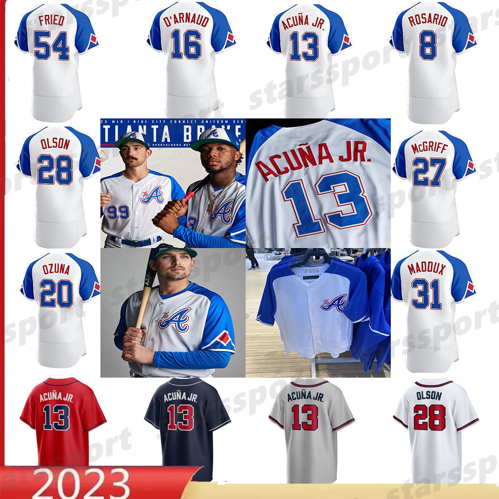 Braves 2023 City Connect Jersey 13 Ronald Acuna Jr. Aaron Matt Olson Austin Riley Spencer Strider Max Fried Eddie Rosario Ozzie Albies Tyler Matzek Michael Harris II, 2022 away- men+ patches
Braves 2023 City Connect Jersey 13 Ronald Acuna Jr. Aaron Matt Olson Austin Riley Spencer Strider Max Fried Eddie Rosario Ozzie Albies Tyler Matzek Michael Harris II, 2022 away- men+ patches