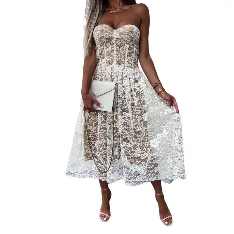 Casual Dresses Women Evening Dress Low-Cut Strapless Floral Lace Double-Layer Long Ladies High Waist Sexy Club Summer