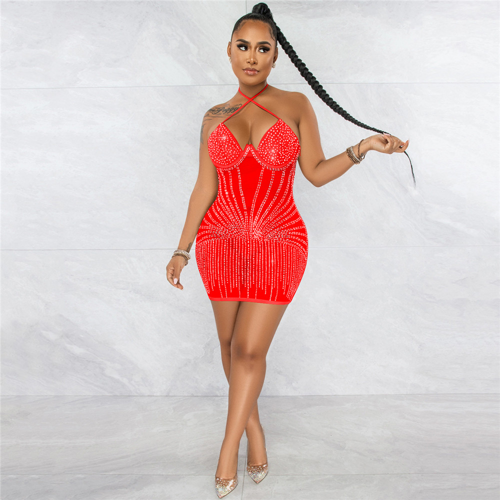 New NEW Designer Rinestone Diamonds Sheer Mesh Mini Dress Women Beautiful Lace Up Halter Backless Bodycon Night Club Party Dresses Bulk Wholesale Clot